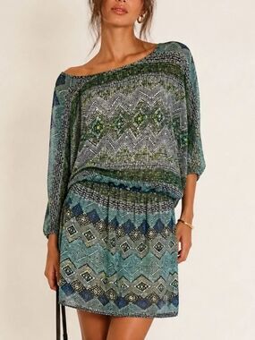 AQUA Patterned Blouson Dress / Swimsuit Cover Up in Teal and Olive Size S
